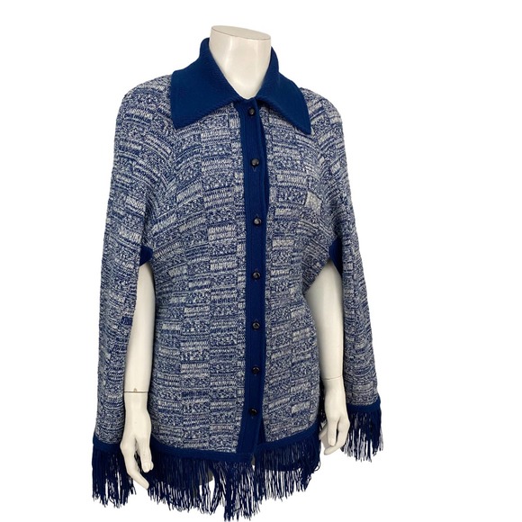 Vintage Blue and White Knit Sweater Cape with Fringe Trim - Picture 4 of 5